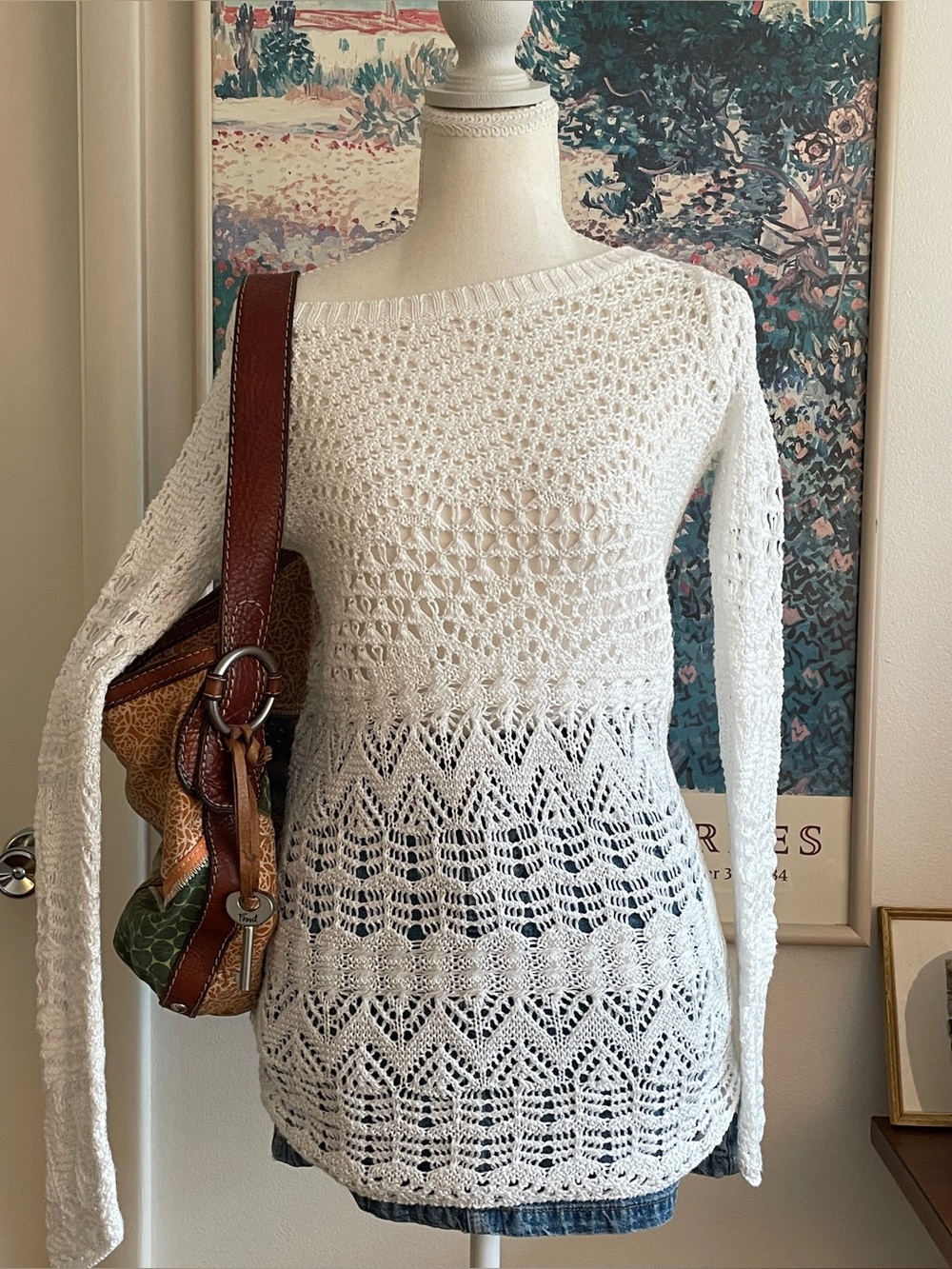 Caché Sweater Size XS White Crochet Open Knit Boatneck Boho Cottagecore Coastal